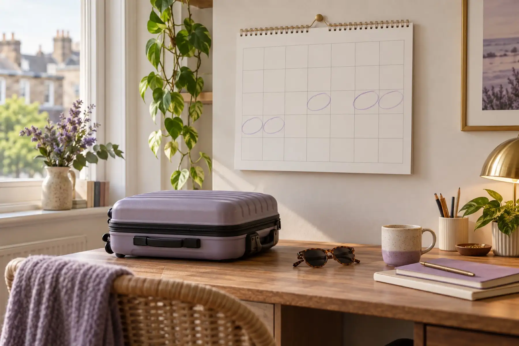 A wall calendar with annual leave days circled above a desk with a small suitcase