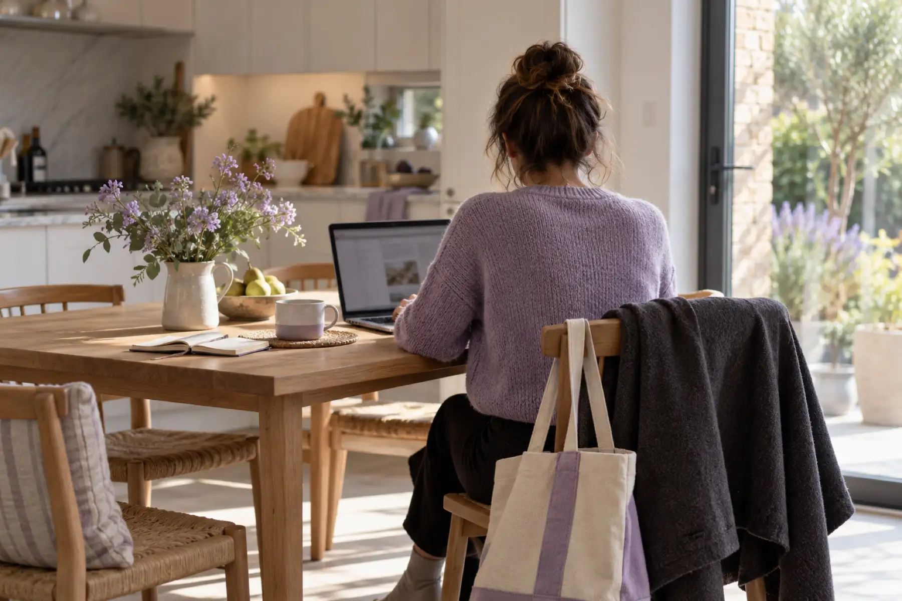 A person working at a laptop at a kitchen table during a part-time working day
