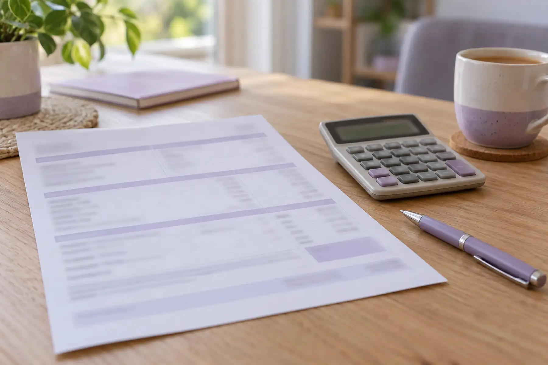 A UK payslip on a desk next to a calculator and a cup of tea